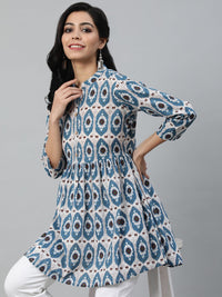 Thumbnail for NOZ2TOZ Women Blue & Off White Printed Mandarin Collar Cotton Tunic - Distacart