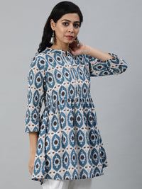 Thumbnail for NOZ2TOZ Women Blue & Off White Printed Mandarin Collar Cotton Tunic - Distacart