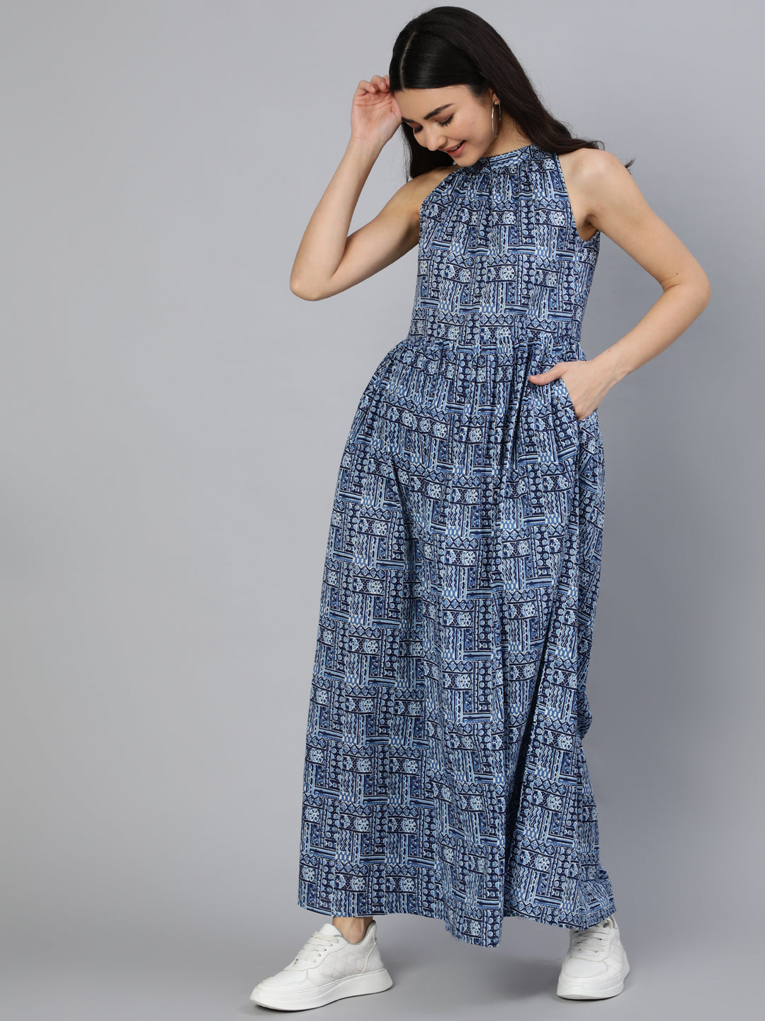 NOZ2TOZ Women Blue Geometric Printed Helter Neck Dress - Distacart