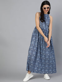 Thumbnail for NOZ2TOZ Women Blue Geometric Printed Helter Neck Dress - Distacart