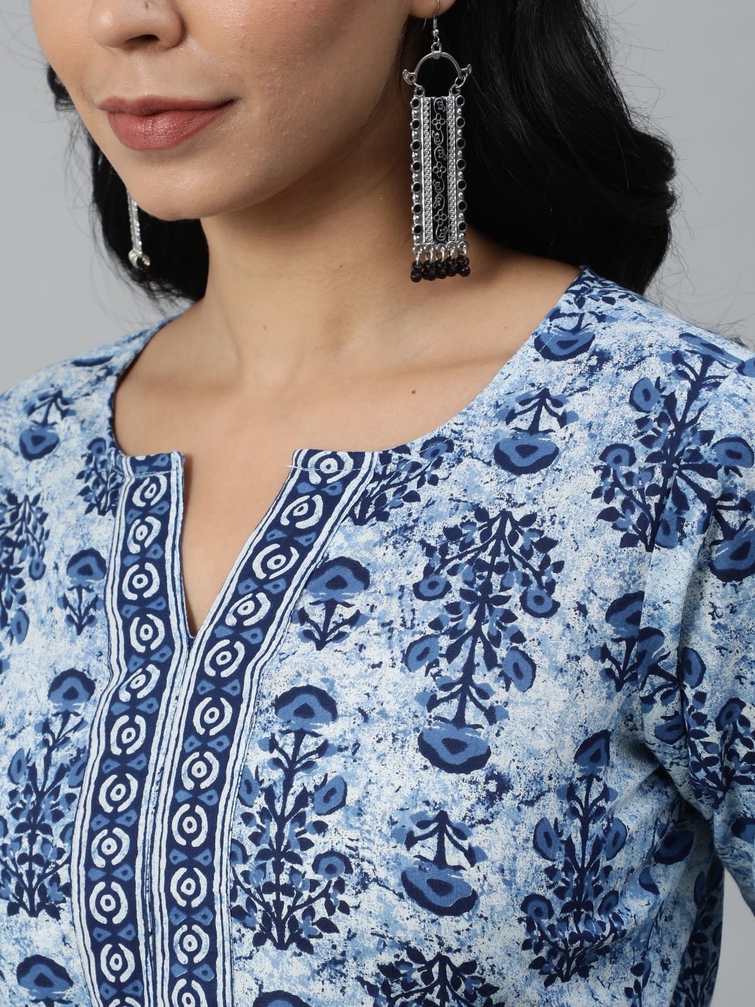 NOZ2TOZ Women Blue Ethnic Motifs Printed Pleated Pure Cotton Kurta with Palazzos & Dupatta - Distacart
