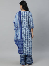 Thumbnail for NOZ2TOZ Women Blue Ethnic Motifs Printed Pleated Pure Cotton Kurta with Palazzos & Dupatta - Distacart