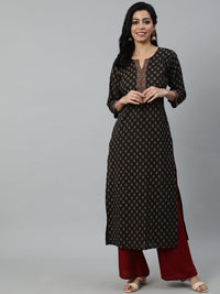 Thumbnail for NOZ2TOZ Women Brown Ethnic Printed Straight Kurta With Three Quarter Sleeves - Distacart