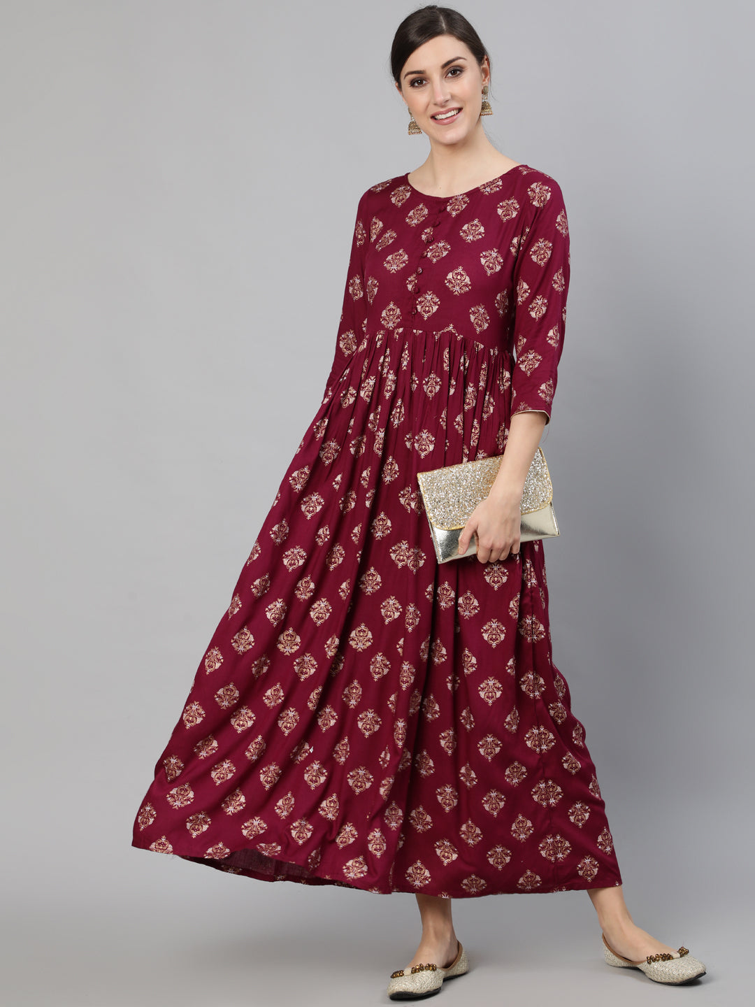 NOZ2TOZ Women Burgundy Ethnic Printed Dress With Three Quarter Sleeves - Distacart