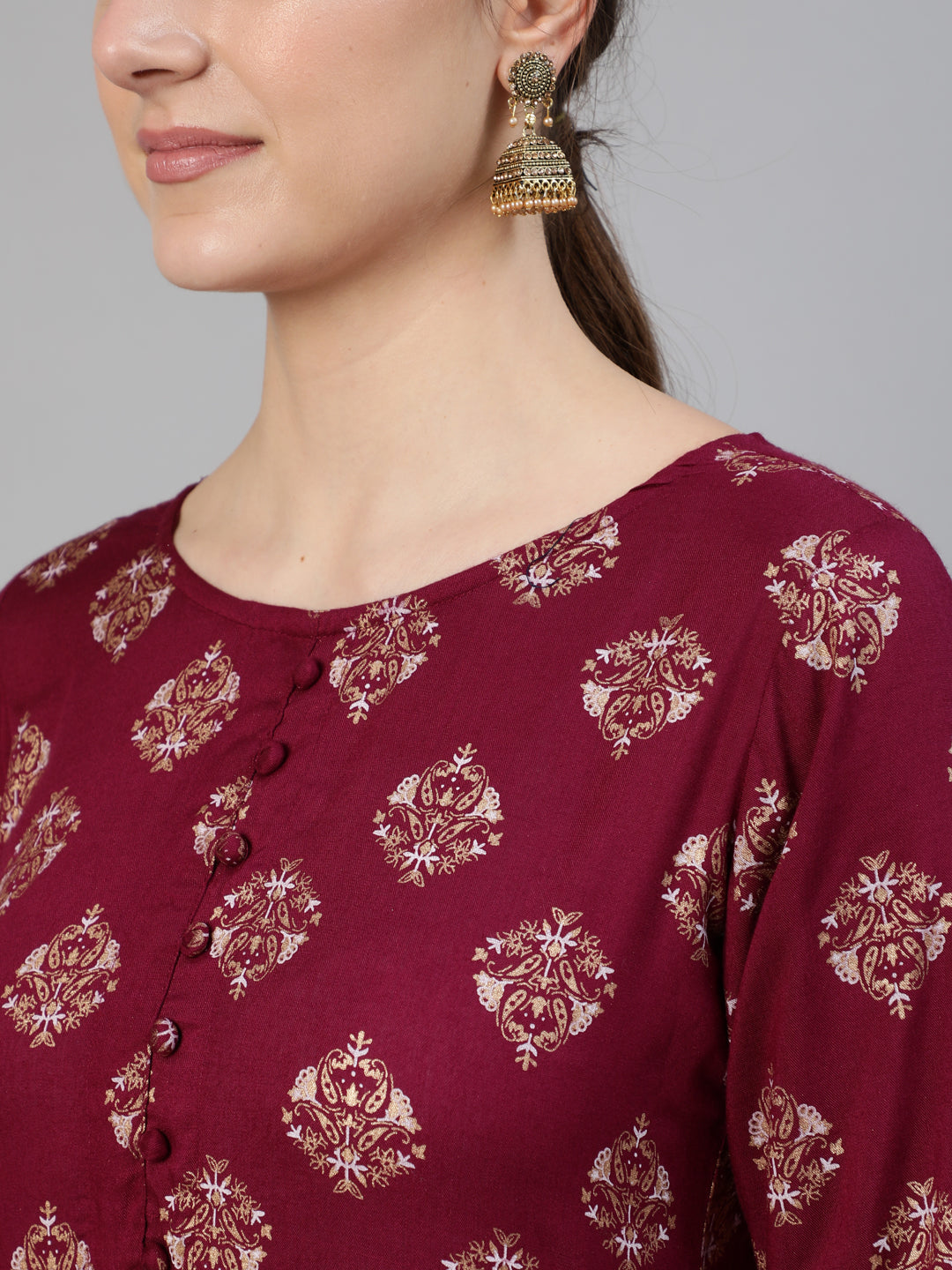 NOZ2TOZ Women Burgundy Ethnic Printed Dress With Three Quarter Sleeves - Distacart
