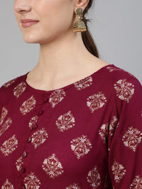 Thumbnail for NOZ2TOZ Women Burgundy Ethnic Printed Dress With Three Quarter Sleeves - Distacart