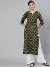 Thumbnail for NOZ2TOZ Women Green Ethnic Printed Straight Kurta with Three Quarter Sleeves - Distacart