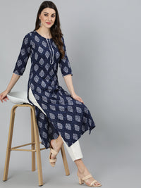 Thumbnail for NOZ2TOZ Women Navy Blue Ethnic Printed Straight Kurta With Lace Details - Distacart