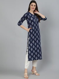 Thumbnail for NOZ2TOZ Women Navy Blue Ethnic Printed Straight Kurta With Lace Details - Distacart