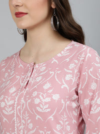 Thumbnail for NOZ2TOZ Women Pink Floral Printed Kurta With Three Quarter Sleeves - Distacart