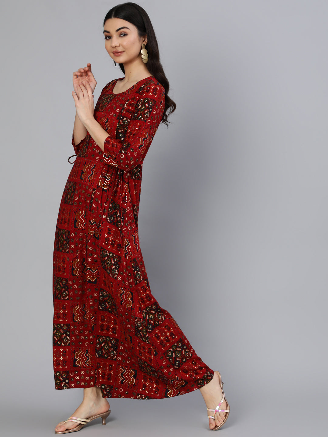 NOZ2TOZ Women Red Printed Dress With Three Quarter Sleeves - Distacart