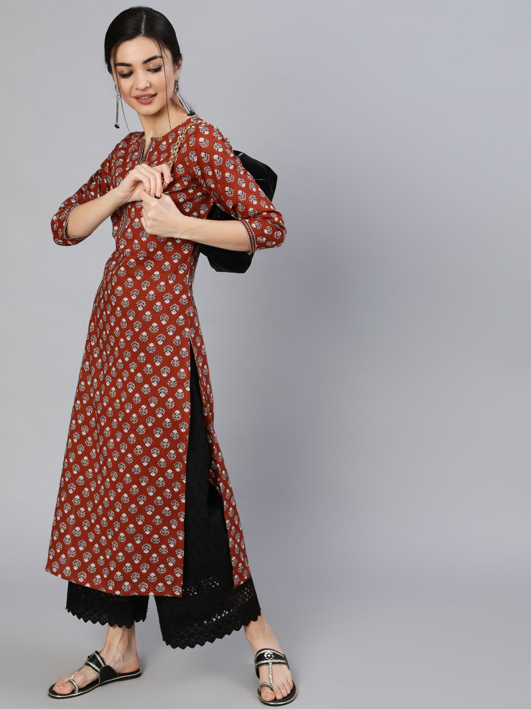 NOZ2TOZ Women Maroon Ethnic Printed Straight Kurta With Three Quarter Sleeves - Distacart