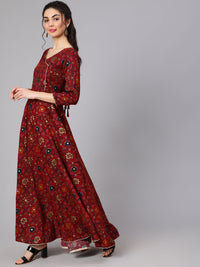 Thumbnail for NOZ2TOZ Women Maroon Ethnic Printed Flared Angrakha Dress - Distacart
