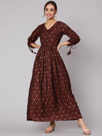 Thumbnail for NOZ2TOZ Women Maroon Ethnic Printed Gathered Dress With Three Quarter Sleeves - Distacart