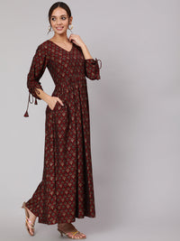 Thumbnail for NOZ2TOZ Women Maroon Ethnic Printed Gathered Dress With Three Quarter Sleeves - Distacart