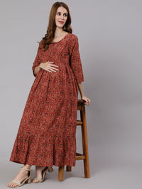 Thumbnail for NOZ2TOZ Women Rust Ethnic Printed Maternity Dress With Three Quarter Sleeves - Distacart