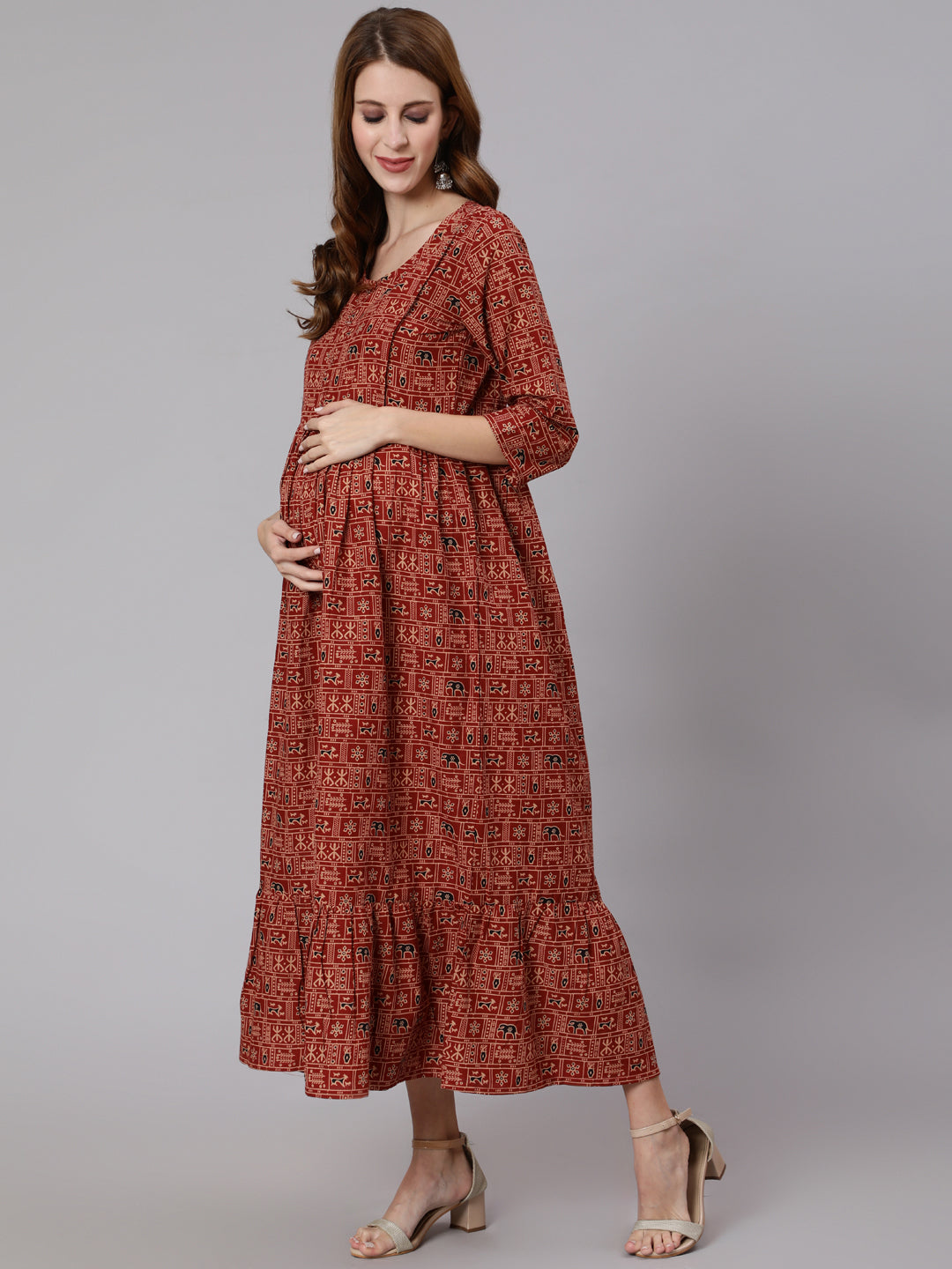 NOZ2TOZ Women Rust Ethnic Printed Maternity Dress With Three Quarter Sleeves - Distacart