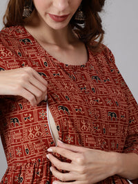 Thumbnail for NOZ2TOZ Women Rust Ethnic Printed Maternity Dress With Three Quarter Sleeves - Distacart