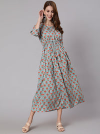 Thumbnail for NOZ2TOZ Women Sage Green Floral Printed Flared Dress With Three Quarter Sleeves - Distacart