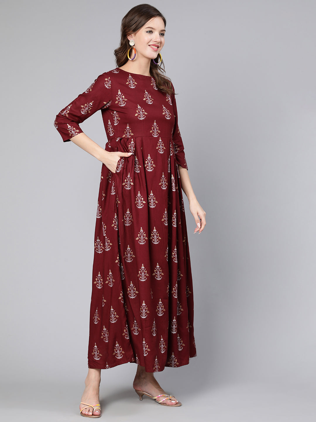 NOZ2TOZ Women Burgundy Printed Flared Dress With Three Quarter Sleeves - Distacart