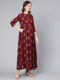 Thumbnail for NOZ2TOZ Women Burgundy Printed Flared Dress With Three Quarter Sleeves - Distacart