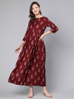 NOZ2TOZ Women Burgundy Printed Flared Dress With Three Quarter Sleeves - Distacart