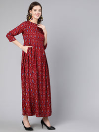 Thumbnail for NOZ2TOZ Women Maroon Printed Flared Dress With Three Quarter Sleeves - Distacart