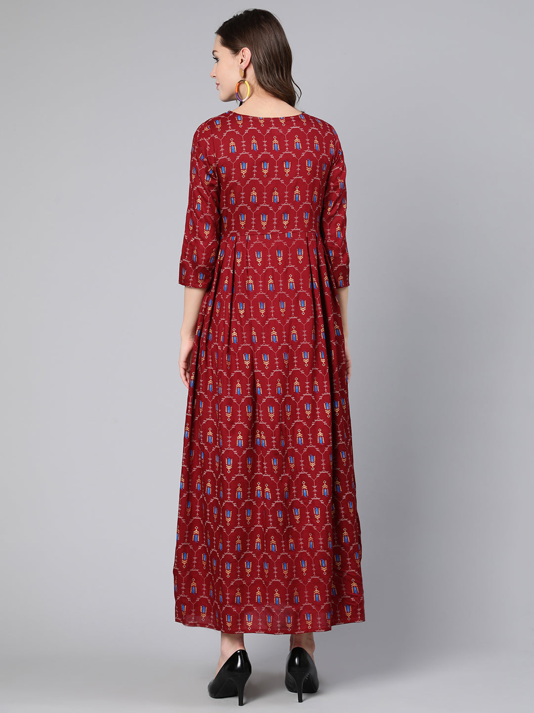 NOZ2TOZ Women Maroon Printed Flared Dress With Three Quarter Sleeves - Distacart