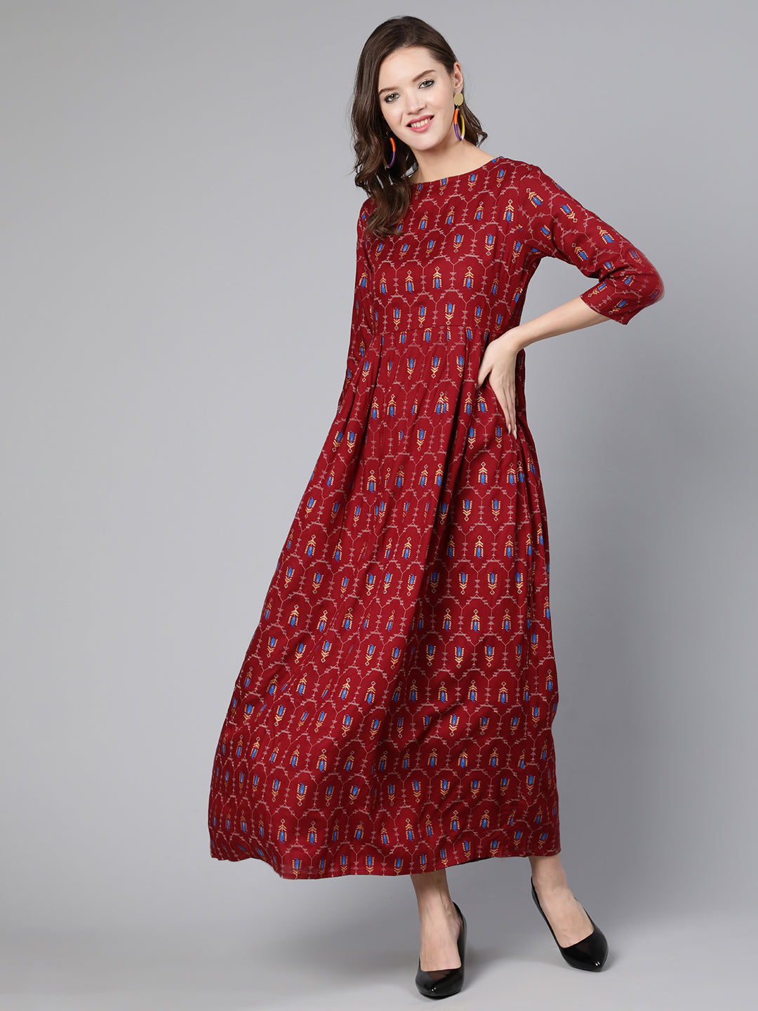 NOZ2TOZ Women Maroon Printed Flared Dress With Three Quarter Sleeves - Distacart