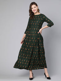 Thumbnail for NOZ2TOZ Women Green Printed Flared Dress With Three Quarter Sleeves - Distacart