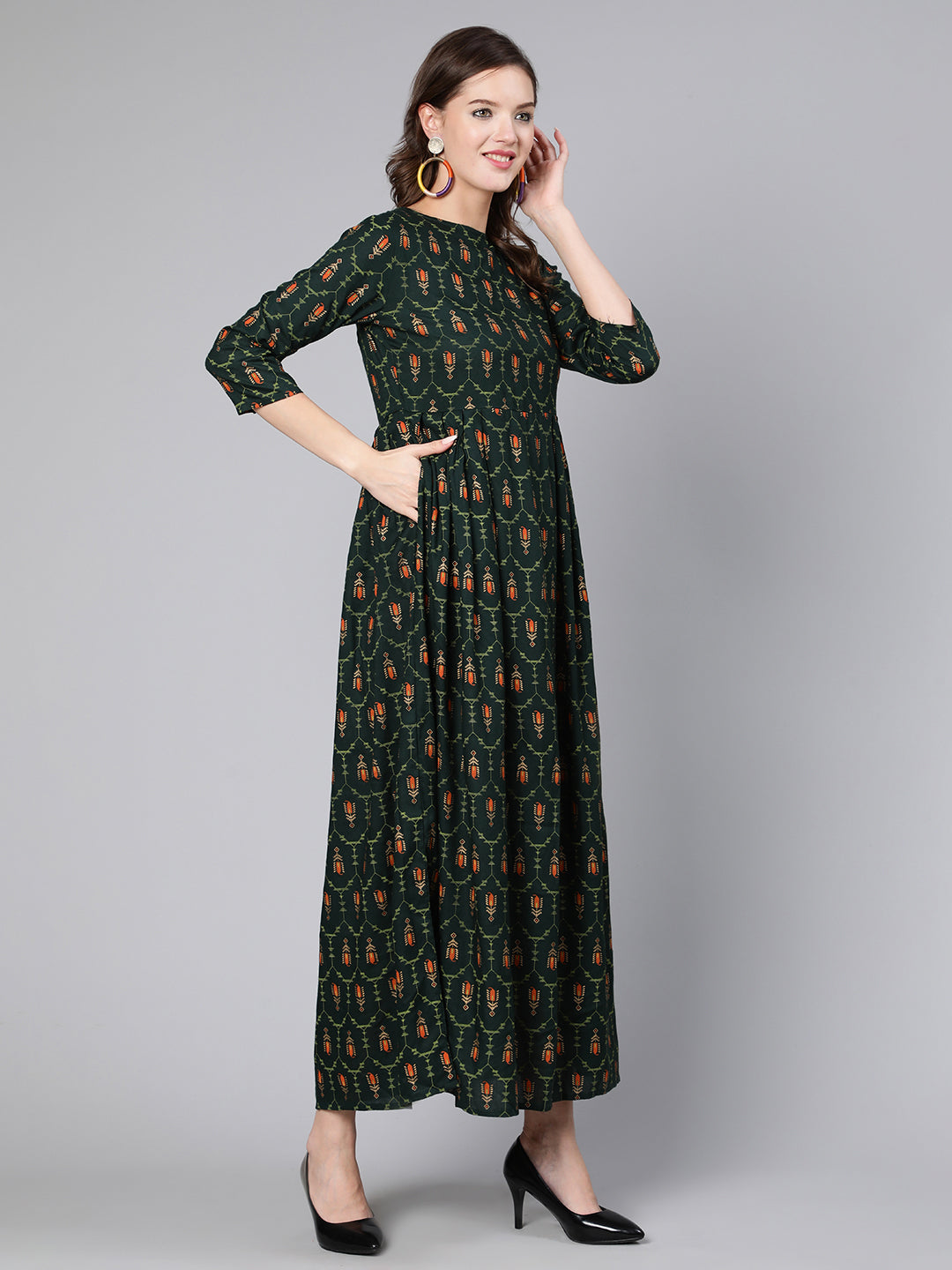 NOZ2TOZ Women Green Printed Flared Dress With Three Quarter Sleeves - Distacart