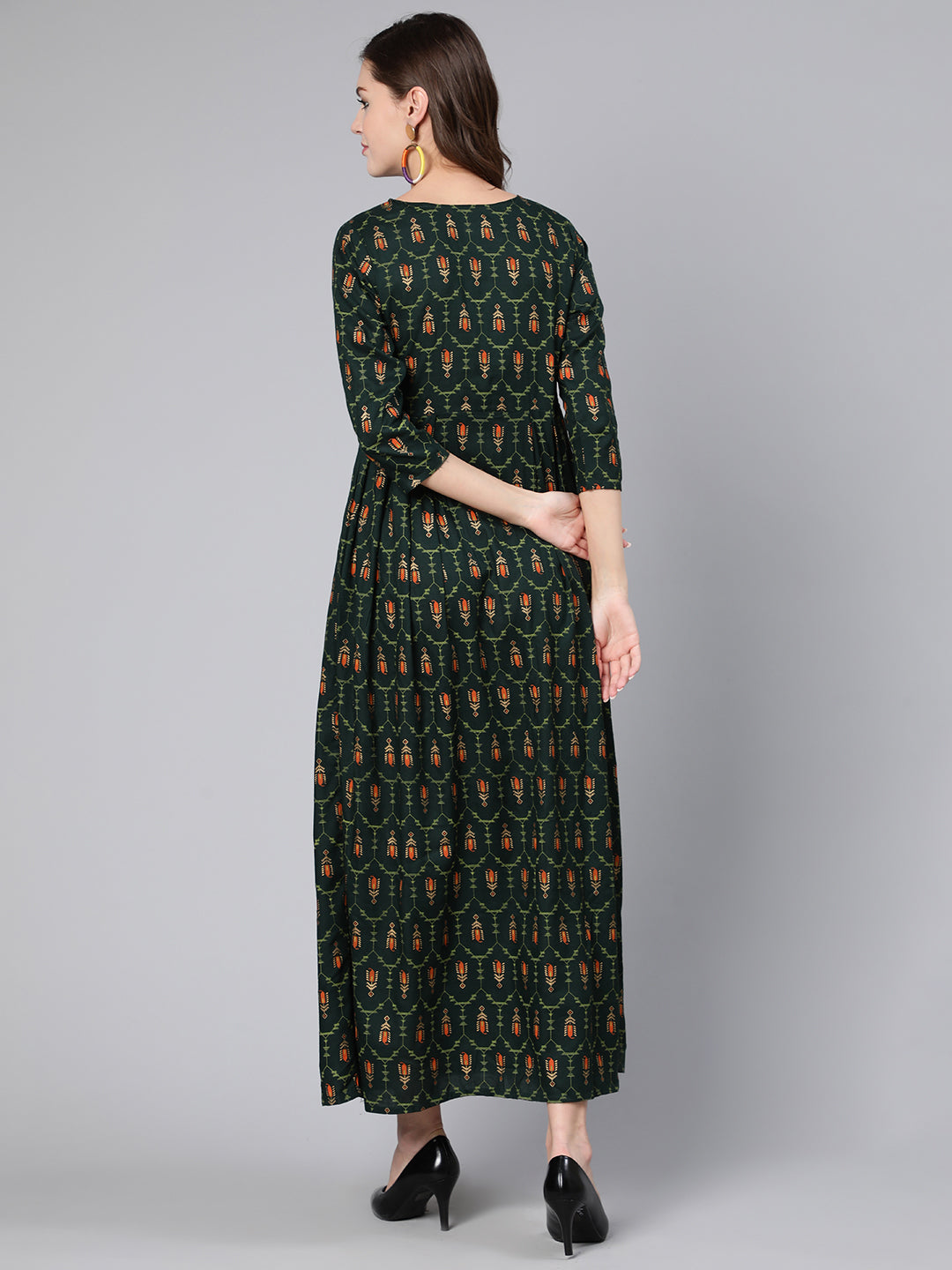 NOZ2TOZ Women Green Printed Flared Dress With Three Quarter Sleeves - Distacart