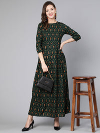 Thumbnail for NOZ2TOZ Women Green Printed Flared Dress With Three Quarter Sleeves - Distacart