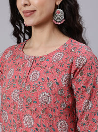 Thumbnail for NOZ2TOZ Women Pink Floral Printed Straight Kurta With Three Quarter Sleeves - Distacart