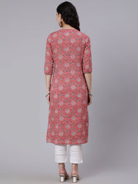 Thumbnail for NOZ2TOZ Women Pink Floral Printed Straight Kurta With Three Quarter Sleeves - Distacart