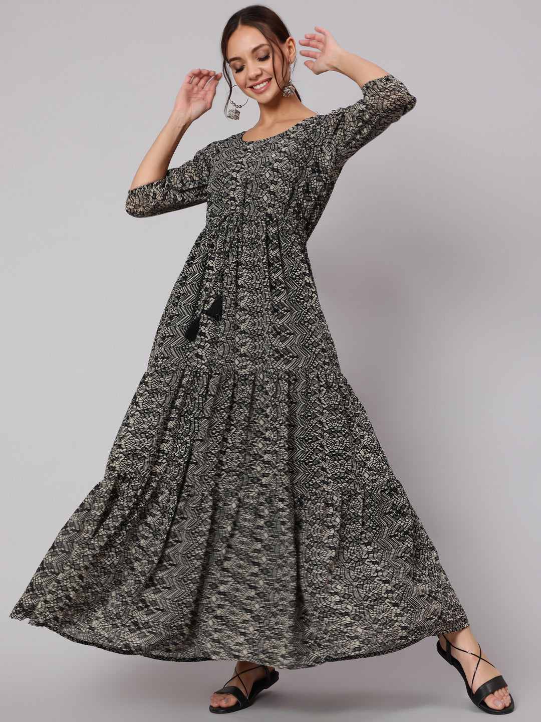 NOZ2TOZ Women Black Geometric Printed Taired Dress With Three Quarter Sleeves - Distacart