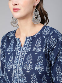 Thumbnail for NOZ2TOZ Women Blue Ethnic Printed Straight Kurta With Three Quarter Sleeves - Distacart
