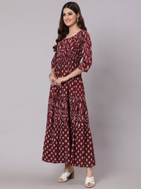 Thumbnail for NOZ2TOZ Women Burgundy Ethnic Printed Flared Dress With Three Quarter Sleevs - Distacart