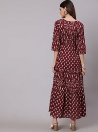 Thumbnail for NOZ2TOZ Women Burgundy Ethnic Printed Flared Dress With Three Quarter Sleevs - Distacart