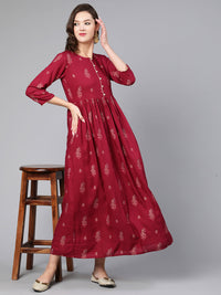Thumbnail for NOZ2TOZ Women Burgundy Printed Flared Dress With Three Quarter Sleeves - Distacart