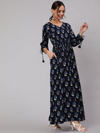 Thumbnail for NOZ2TOZ Women Navy Blue Ethnic Printed Gathered Dress With Three Quarter Sleeves - Distacart