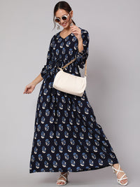 Thumbnail for NOZ2TOZ Women Navy Blue Ethnic Printed Gathered Dress With Three Quarter Sleeves - Distacart