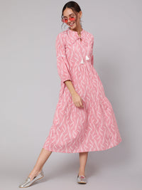 Thumbnail for NOZ2TOZ Women Pink Abstrac Printed Gathered Dress With Three Quarter Sleeves - Distacart