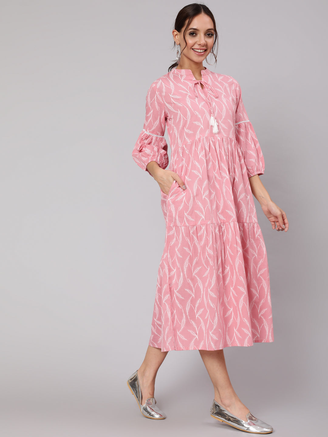 NOZ2TOZ Women Pink Abstrac Printed Gathered Dress With Three Quarter Sleeves - Distacart