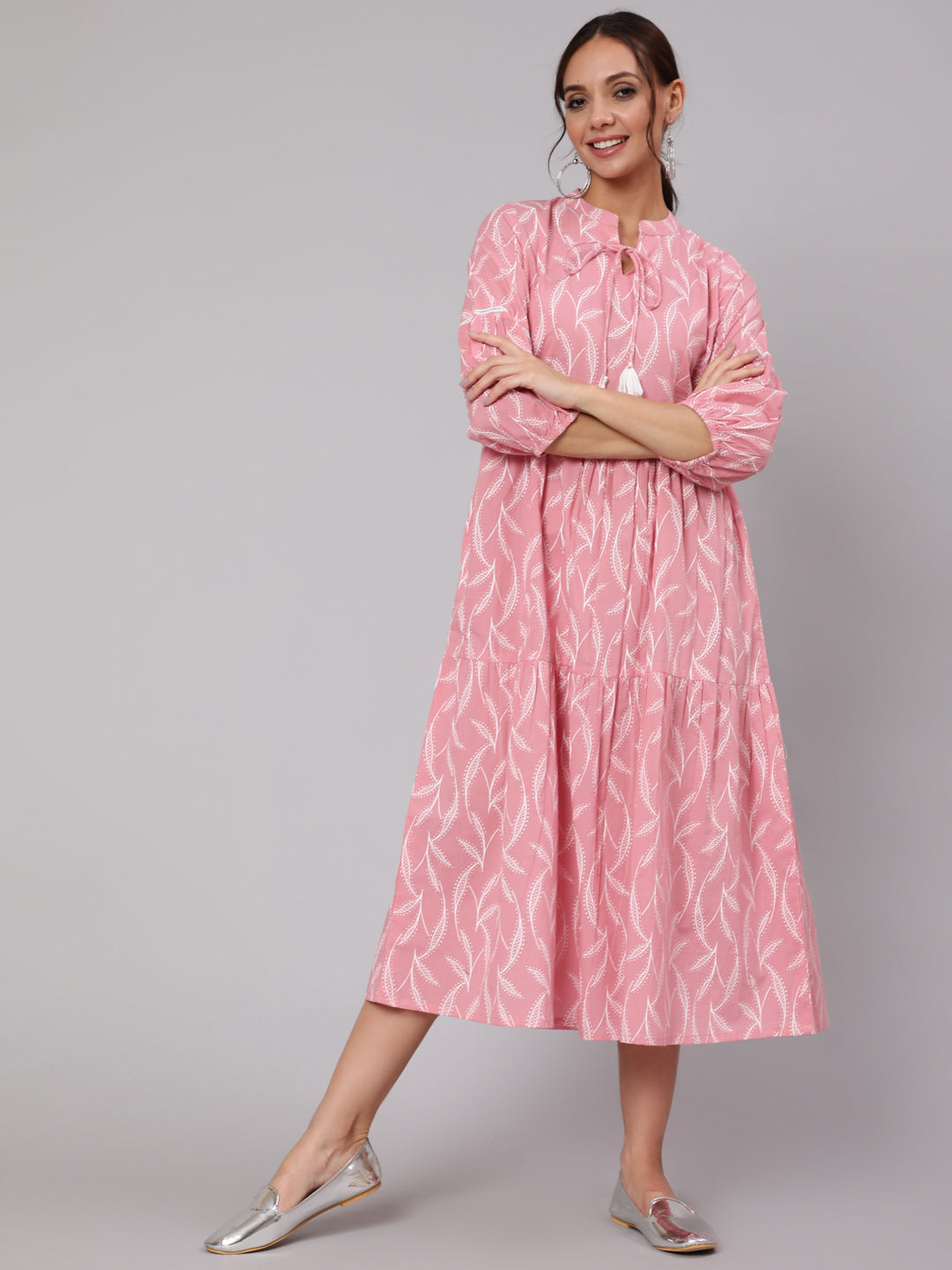 NOZ2TOZ Women Pink Abstrac Printed Gathered Dress With Three Quarter Sleeves - Distacart