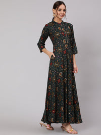 Thumbnail for NOZ2TOZ Women Green Ethnic Printed Gathered Dress With Three Quarter Sleeves - Distacart