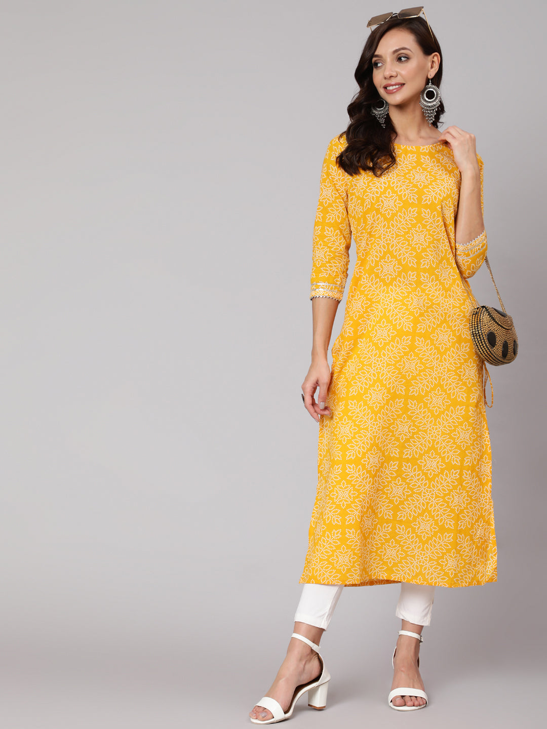 Wahe-NOOR Women Yellow Bandhani Printed Straight Kurta With Three Quarter Sleeves - Distacart