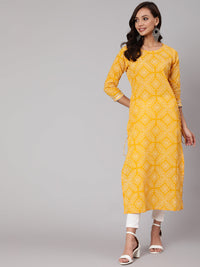 Thumbnail for Wahe-NOOR Women Yellow Bandhani Printed Straight Kurta With Three Quarter Sleeves - Distacart