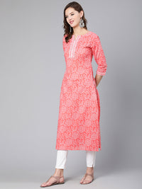 Thumbnail for NOZ2TOZ Women Pink Bandhani Printed Straight Kurta With Three Quarter Sleeves - Distacart
