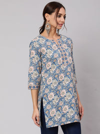 Thumbnail for NOZ2TOZ Women Blue & Pink Floral Printed Straight Tunic With Three Quarter Sleeves - Distacart